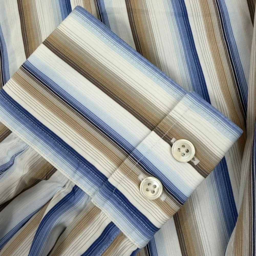 Faconnable Mens XXL‎ Blue/Tan/White Striped Long Sleeve Button Down Cotton Shirt